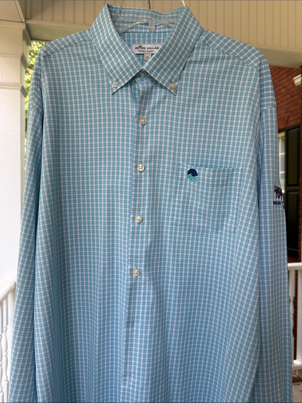 Peter Millar Teal and White Gingham Button-Down Shirt